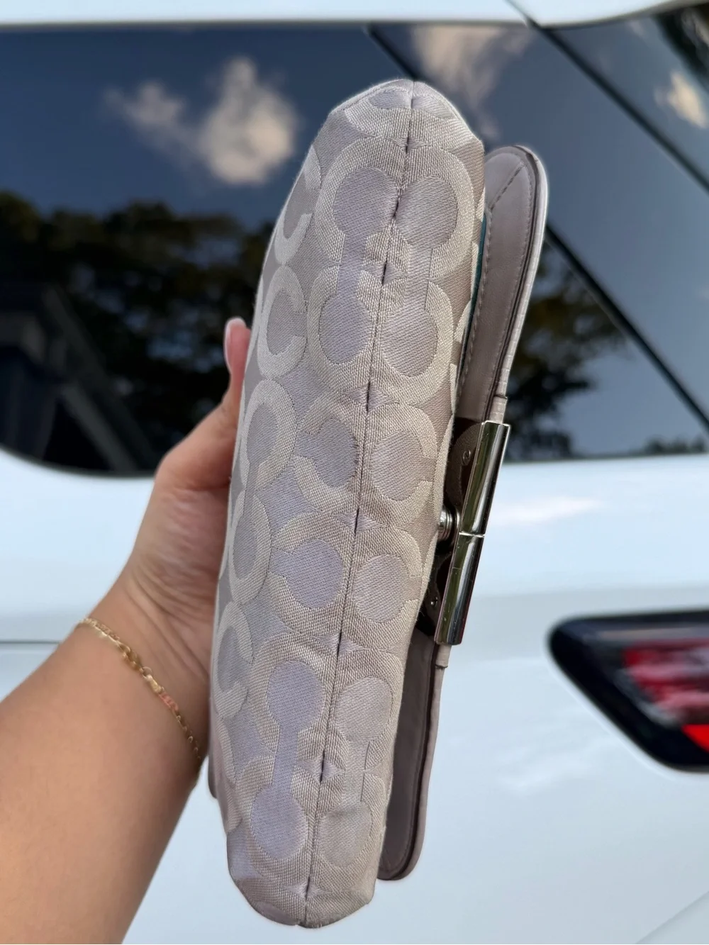 Coach Taupe Signature Jacquard Shoulder Bag with Beaded Strap Accent